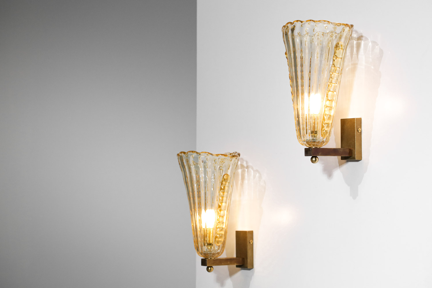 Large Pair of Modern Italian Wall Lights Murano Glass and Brass
