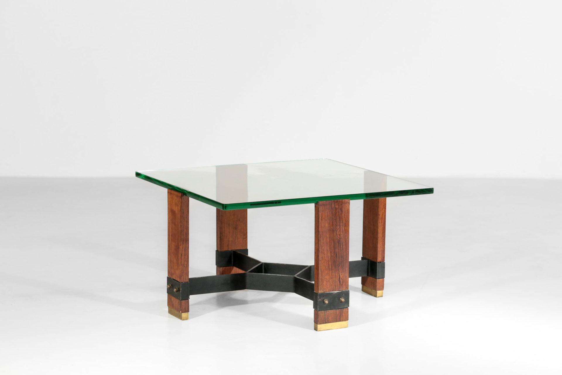 table basse italienne morderniste carrée en verre années 50 bois metal