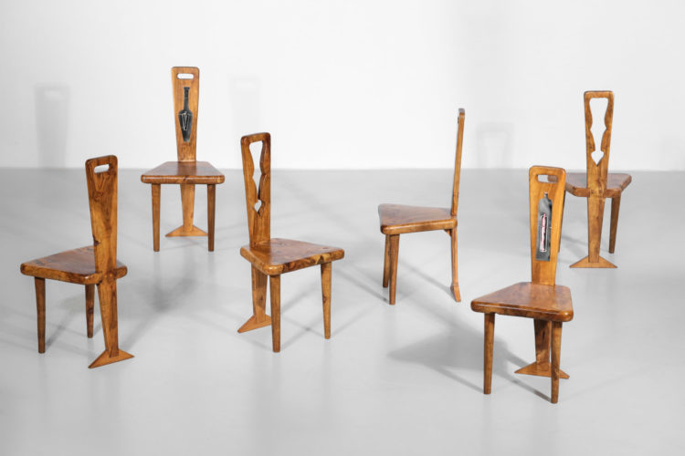 suite de 6 chaises artisanal en olivier massif et ceramique 5