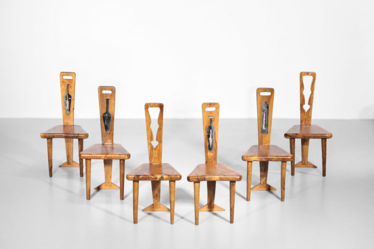 suite de 6 chaises artisanal en olivier massif et ceramique 4