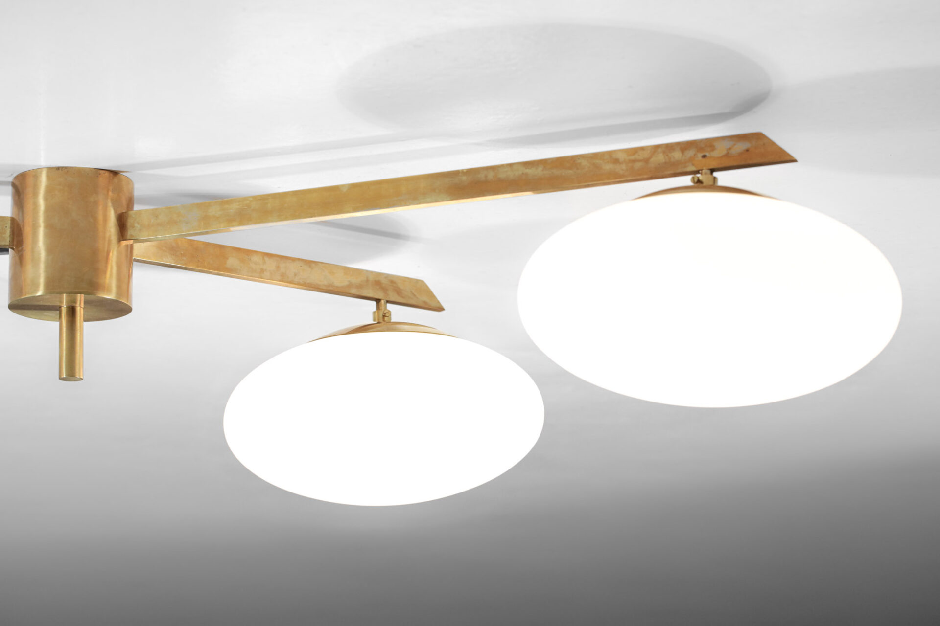 Modern Italian Ceiling light "Rio", Angelo Lelli style 3 opalines brass