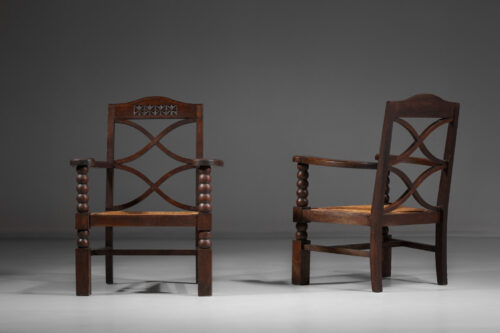 paire de fauteuil regionaliste vintage paillé années 60 F105