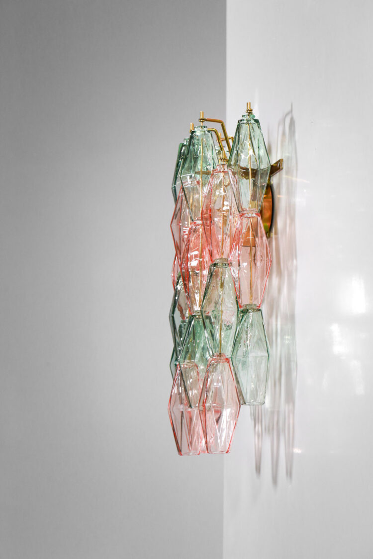 paire d'appliques italiennes polyèdres cascade vertes et roses verre de venini moderne