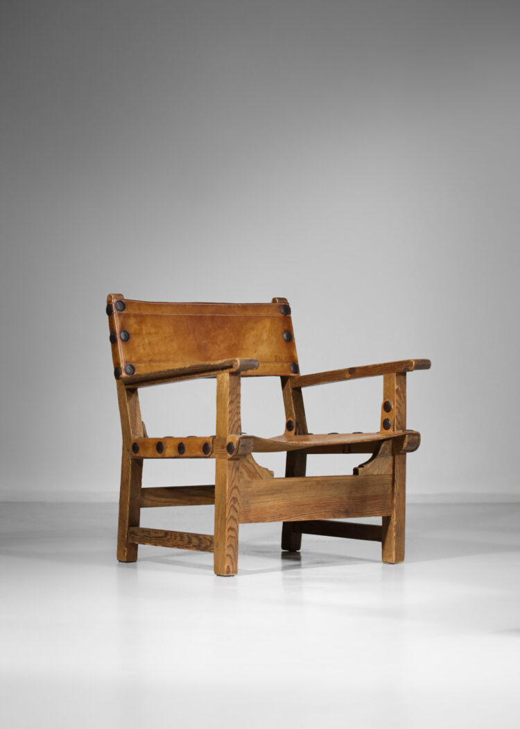 Paire de fauteuils suédois safaris bois cuir design vintage années 50