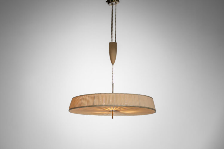 lampe suspension monte et baisse années 50 en tissu et laiton - F396