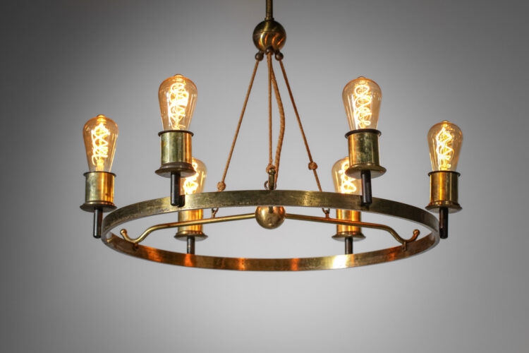 lustre moderniste 6 ampoules années 40 en laiton massif
