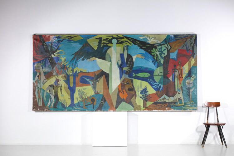 immense huile sur toile figurative style cubiste années 50 60 - F643