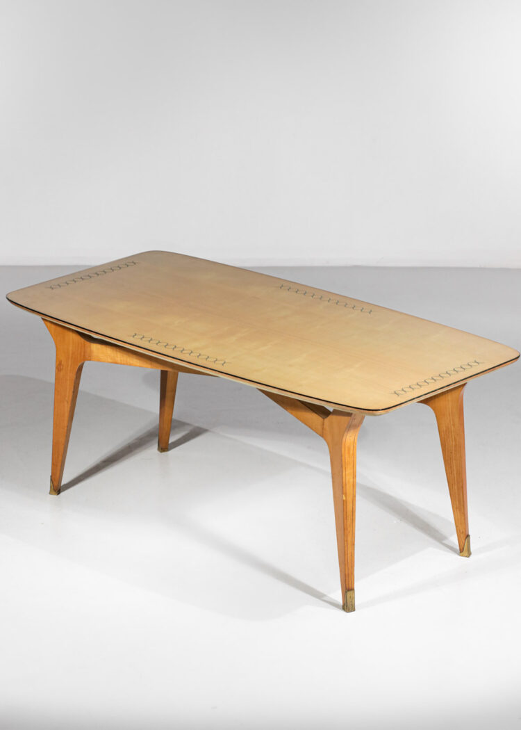 Table à manger italienne hêtre massif et verre gravé années 60