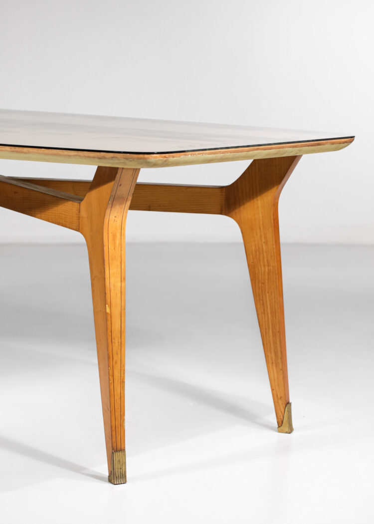 Table à manger italienne hêtre massif et verre gravé années 60