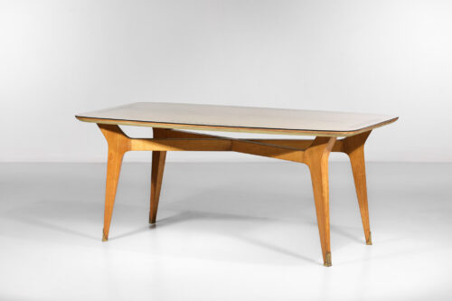 Table à manger italienne hêtre massif et verre gravé années 60