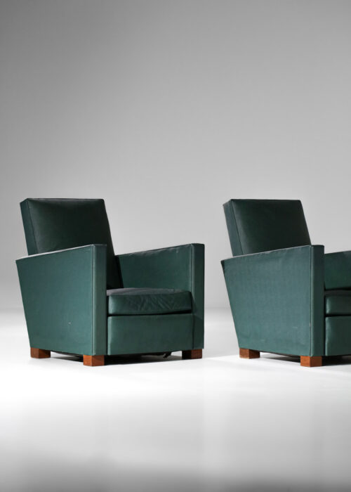 paire de fauteuils art déco modernistes simili cuir vert style Jacques Adnet - G829