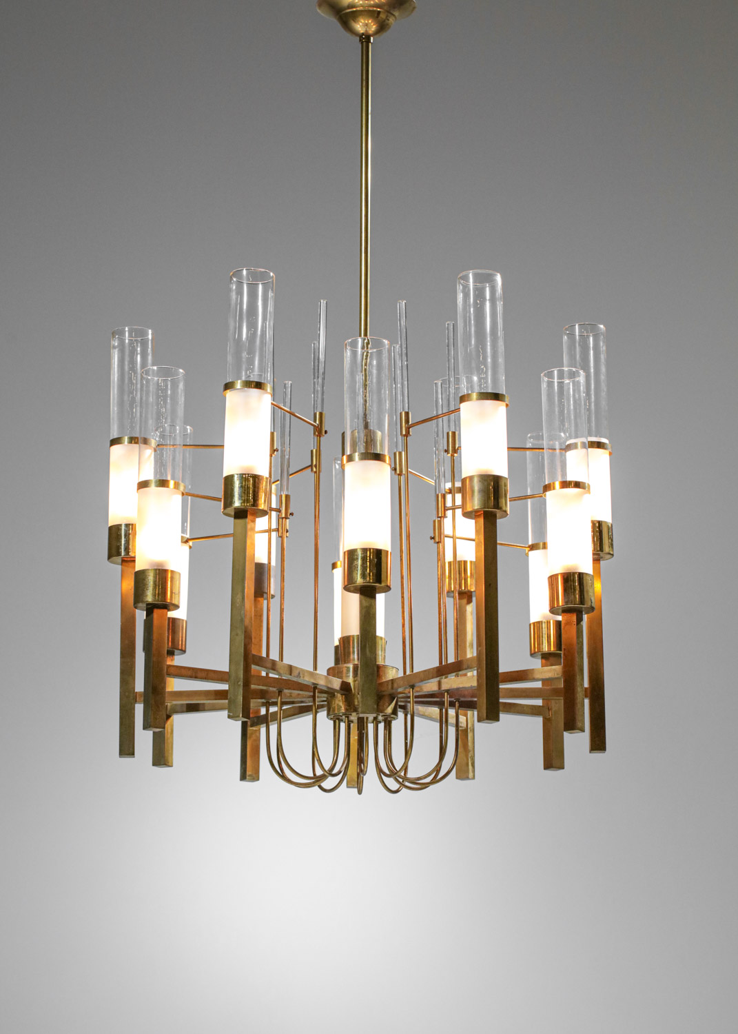 Italian chandelier Gaetano Sciolari 60s in brass and glass tubes