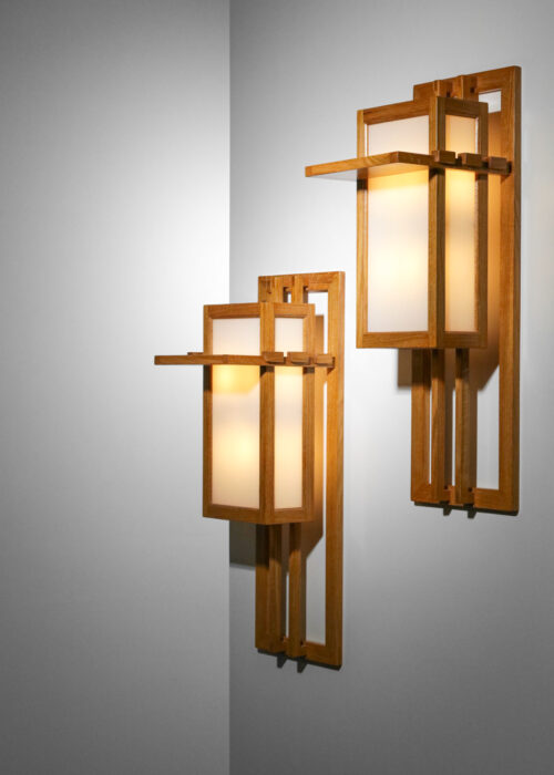 grande paire d appliques en bois et verre style Frank Lloyd Wright modernistes blanches - G811