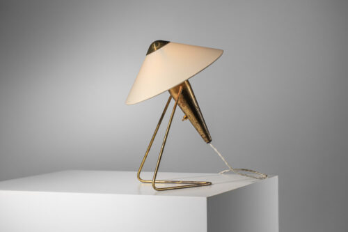 lampe de table années 50 en laiton patiné et tissus - C017