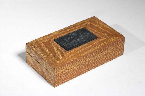 Ceruse oak box from the 40's, bronze bas-relief with antelope decoration - H193