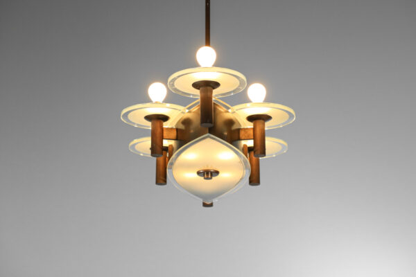 Lustre Italien Vintage Années 50 - Laiton Doré Et Opaline Bleue - Design Rétro