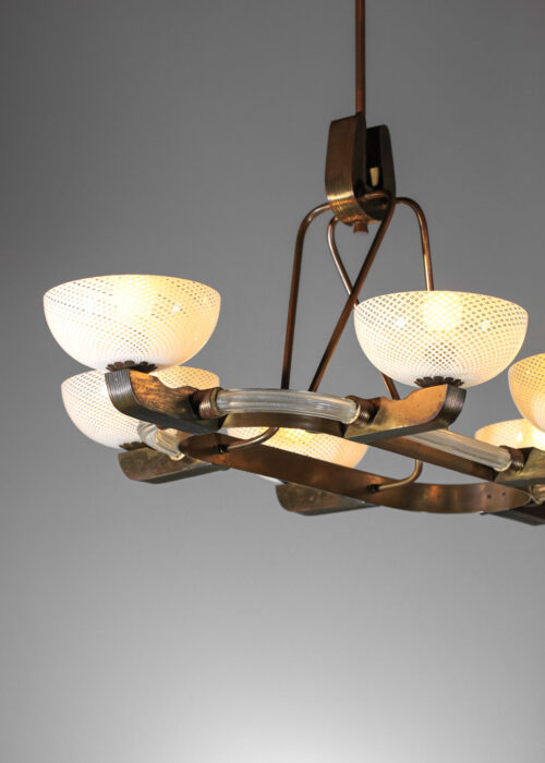 Lustre italien des années 50 en laiton et verre de murano filigrané fer à cheval - H566