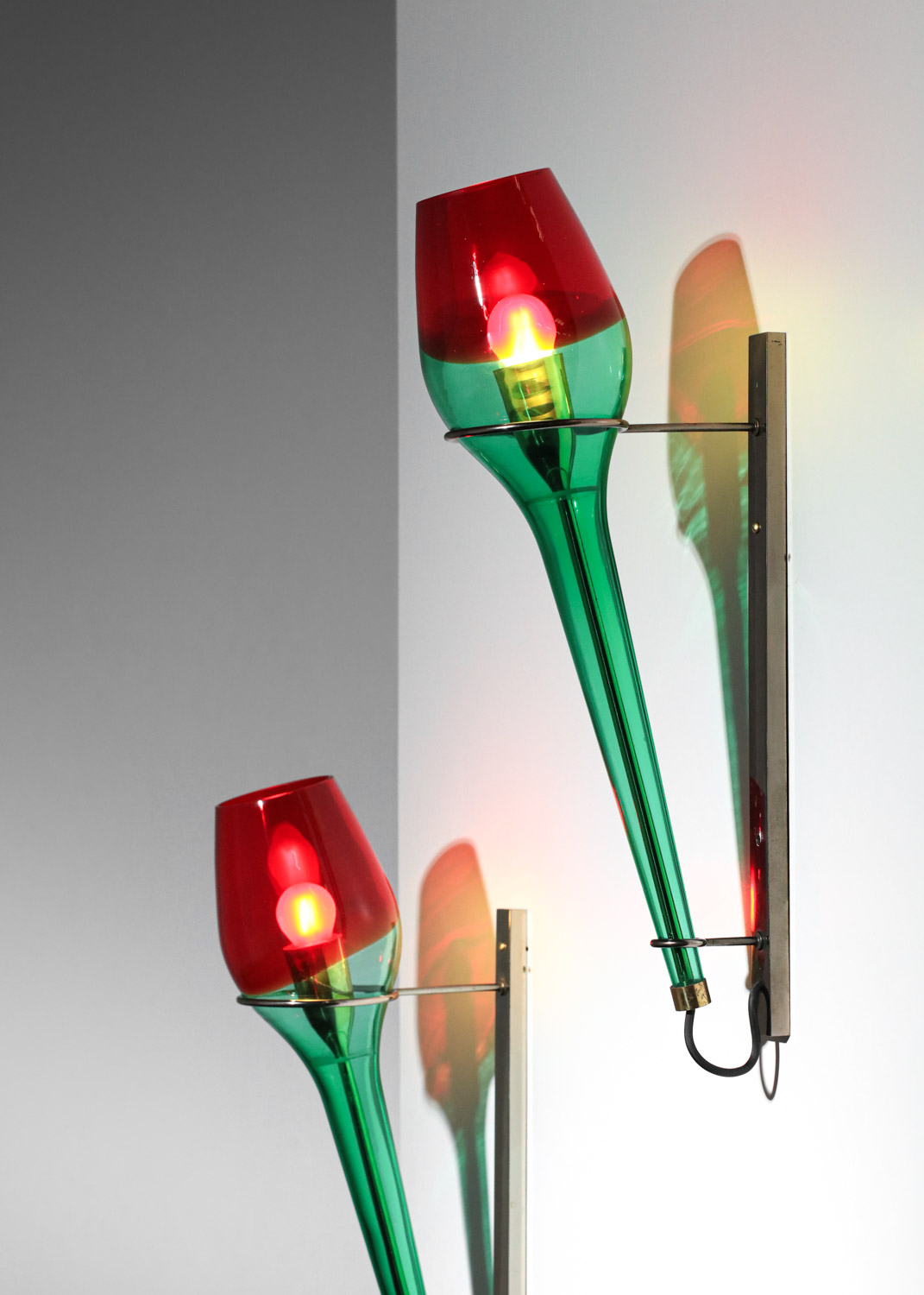 paire d'appliques italiennes attr. à Vinicio Vianello pour Vistosi années 60 verre rouge et vert -H424