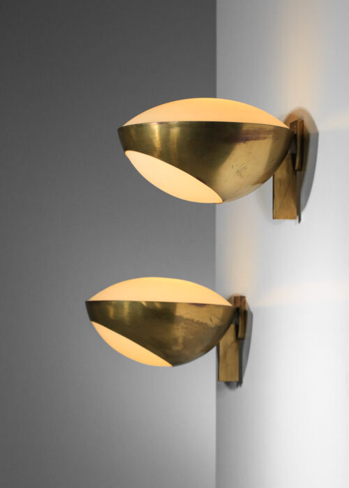 grande paire d'appliques Max Ingrand pour Fontana Arte années 50 laiton et opaline - H725