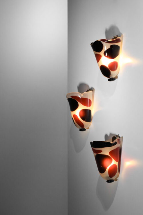 suite de 3 appliques en verre épais de Murano rouge des années 70 G713 - G714