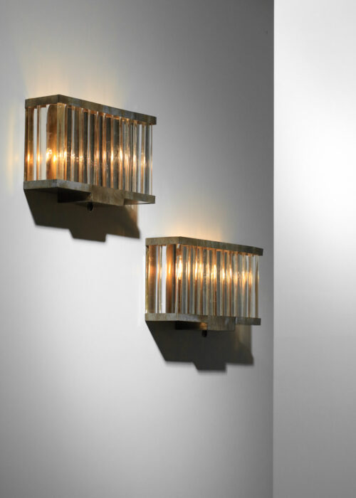 ancienne paire d'appliques italiennes de cinéma années 30 en verre et laiton I181