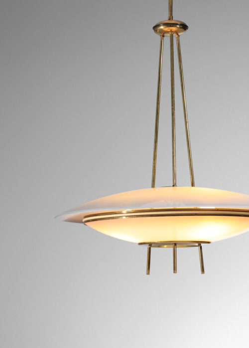 lustre suspension italienne soucoupe en verre depoli et laiton années 50 - I199