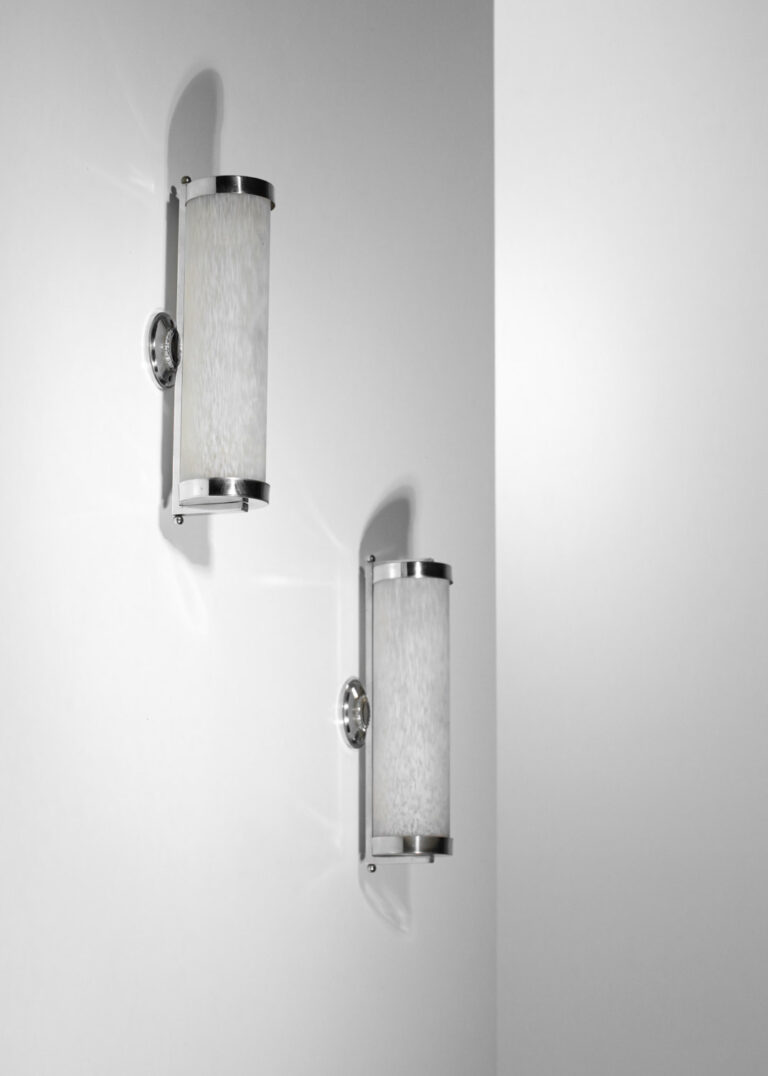 pair of 40's modernist sconces in speckled glass paste and chromed ...
