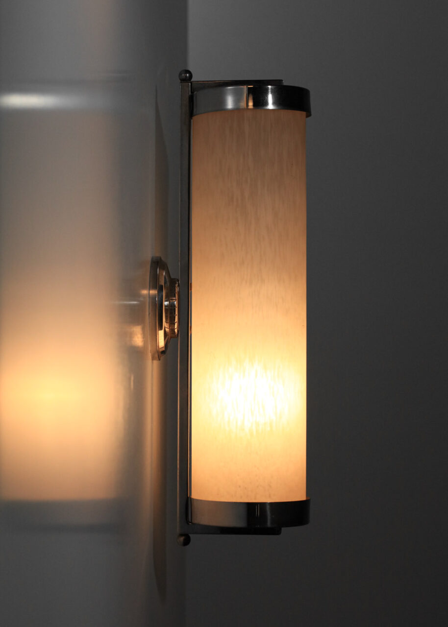 pair of 40's modernist sconces in speckled glass paste and chromed ...