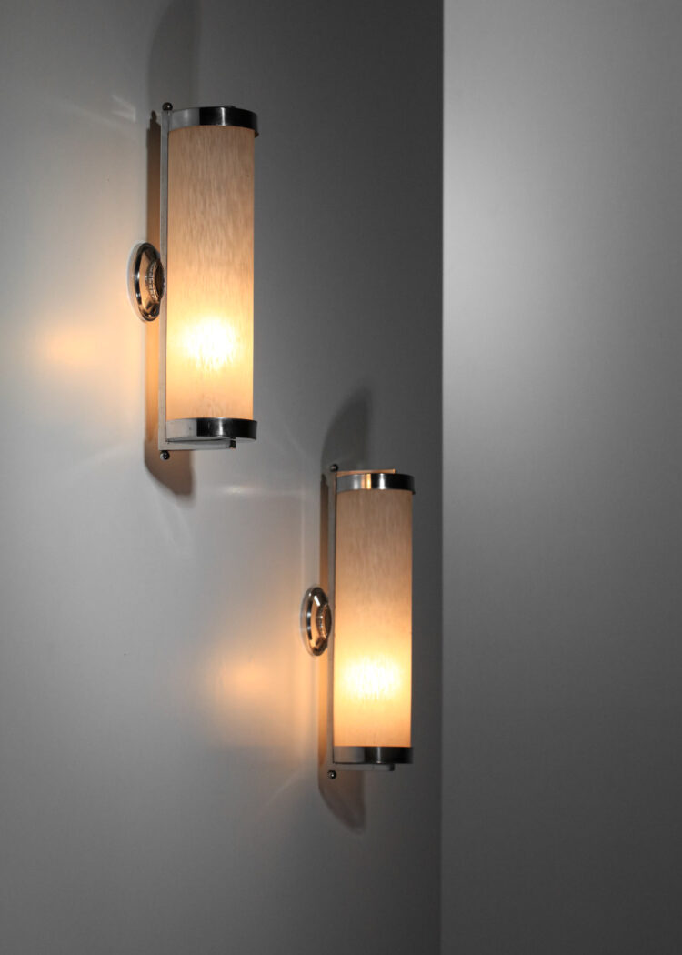 pair of 40's modernist sconces in speckled glass paste and chromed ...