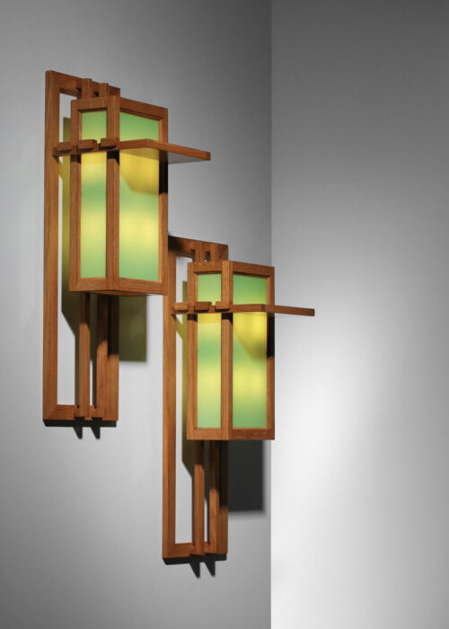 paire de grandes appliques style franck loyd wright en bois et verre vert - G811