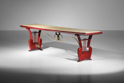 banc table basse des années 40 50 en bois laqué et parchemin à décor de harpe - I429 