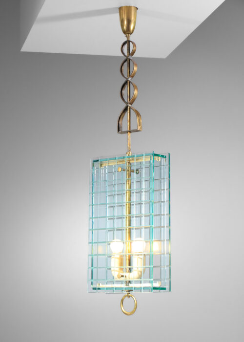 Italian lantern chandelier from the 60's in glass and brass attr to Fontana Arte - I611
