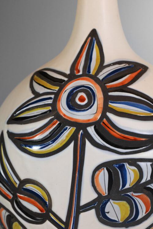 grande lampe en céramique Roger Capron à décor de fleur Vallauris années 60 - I545 