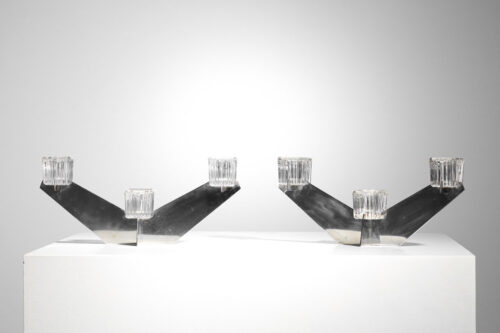 pair of modernist candelabra candlesticks in glass and chromed metal from the 40's - I481