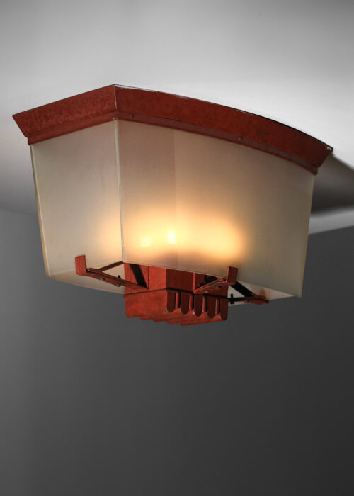plafonnier italien des années 50 acier patine rouge et verre dépoli non identifié - I197 