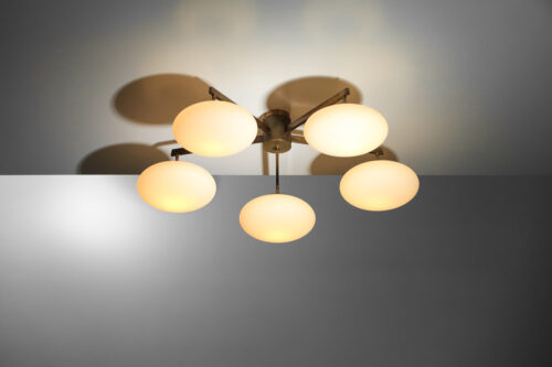 plafonnier style Angelo Lelli 5 opalines design vintage italien "Stella" - EL155