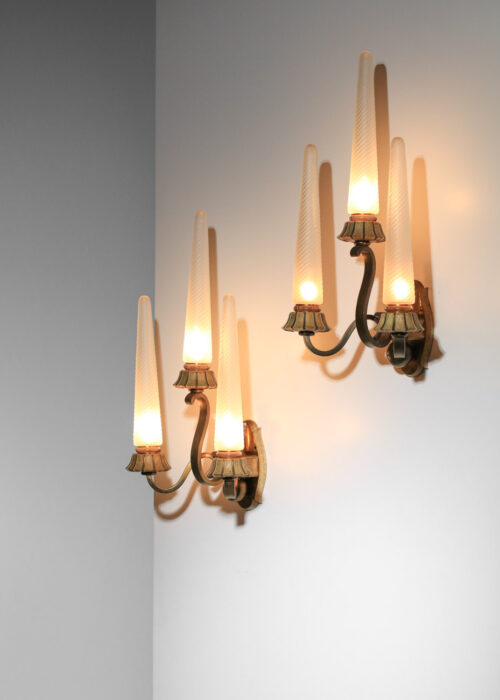 paire d'appliques françaises maison sabino et Cristallerie de seves années 40 verre et bronze - I099