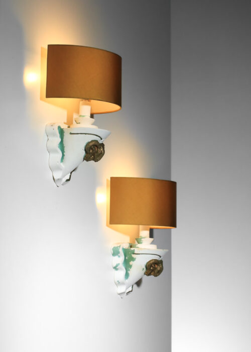 paire d'appliques en plâtre à décor de bélier reste de peinture années 50 - H206