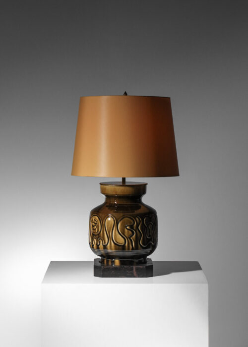 grande lampe de table en céramique des années 70 verte socle en bois H744