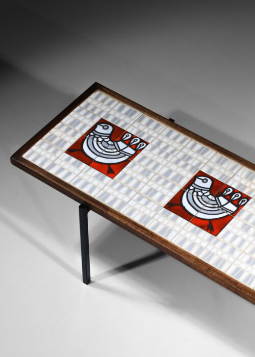 table basse en céramique roger capron à décor de coqs poules des années 50 vallauris - E485 