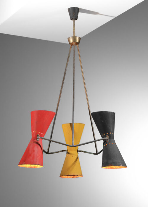 lustre 3 reflecteurs diabolos des années 50 non identifié rouge jaune noir - J467