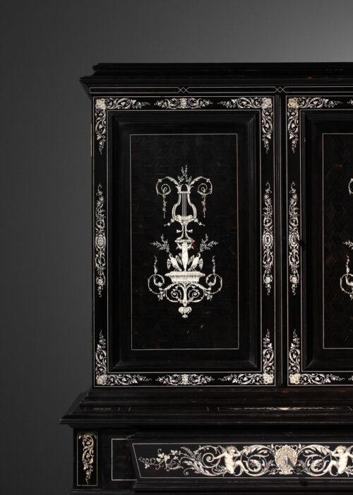 meuble secrétaire bonheur du jour Napoleon III en bois noirci et marqueterie d'os sur colonnes - J433