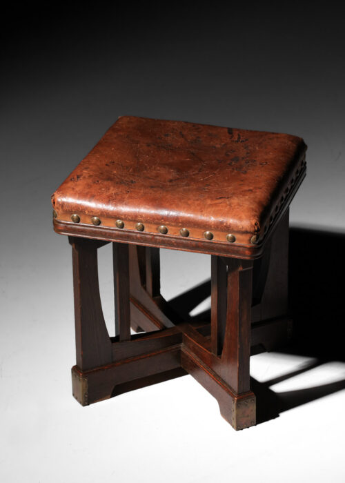 tabouret jugendstil secession viennoise dans le goût de Hans Vollmer en chêne et cuir - J636